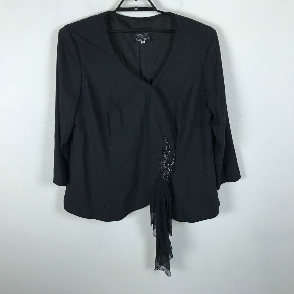 Vintage 1990s Cachet Bari Protas Blazer Plus Size 24 Black Sequin Chiffon Accent